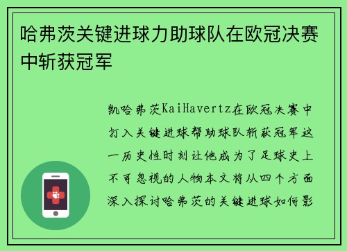 哈弗茨关键进球力助球队在欧冠决赛中斩获冠军 哈弗茨关键进球力助球队在欧冠决赛中斩获冠军